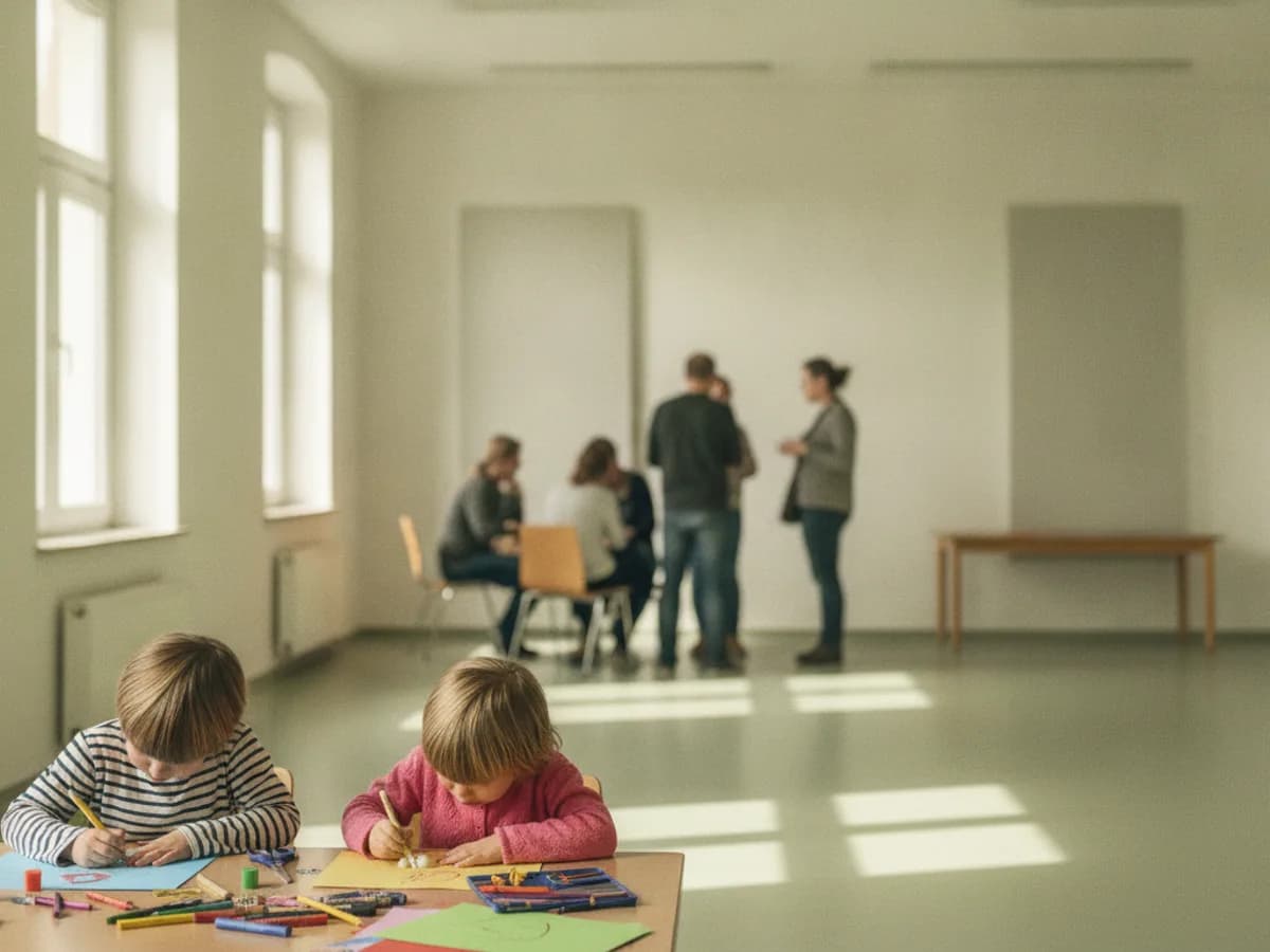 Kinder malen an einem Tisch, im Hintergrund Erwachsene im Gespräch