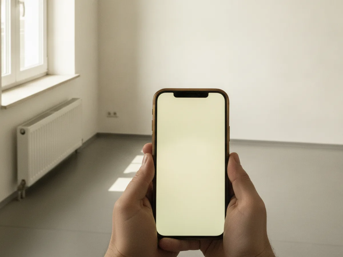 Hände halten ein Smartphone mit warm leuchtendem, unscharfem Display