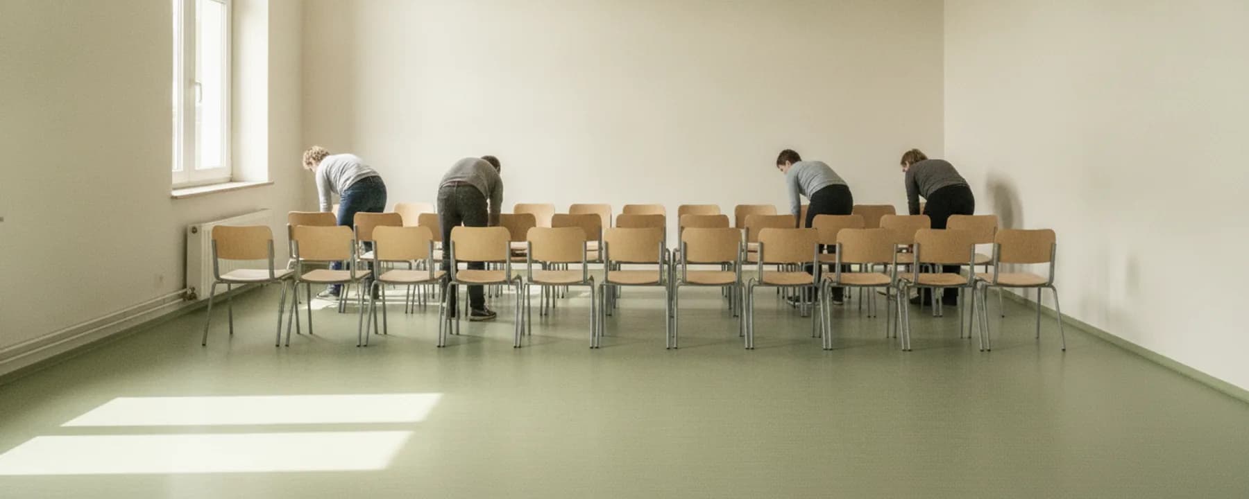 Freiwillige stellen gemeinsam Stühle in einem hellen, noch leeren Saal auf