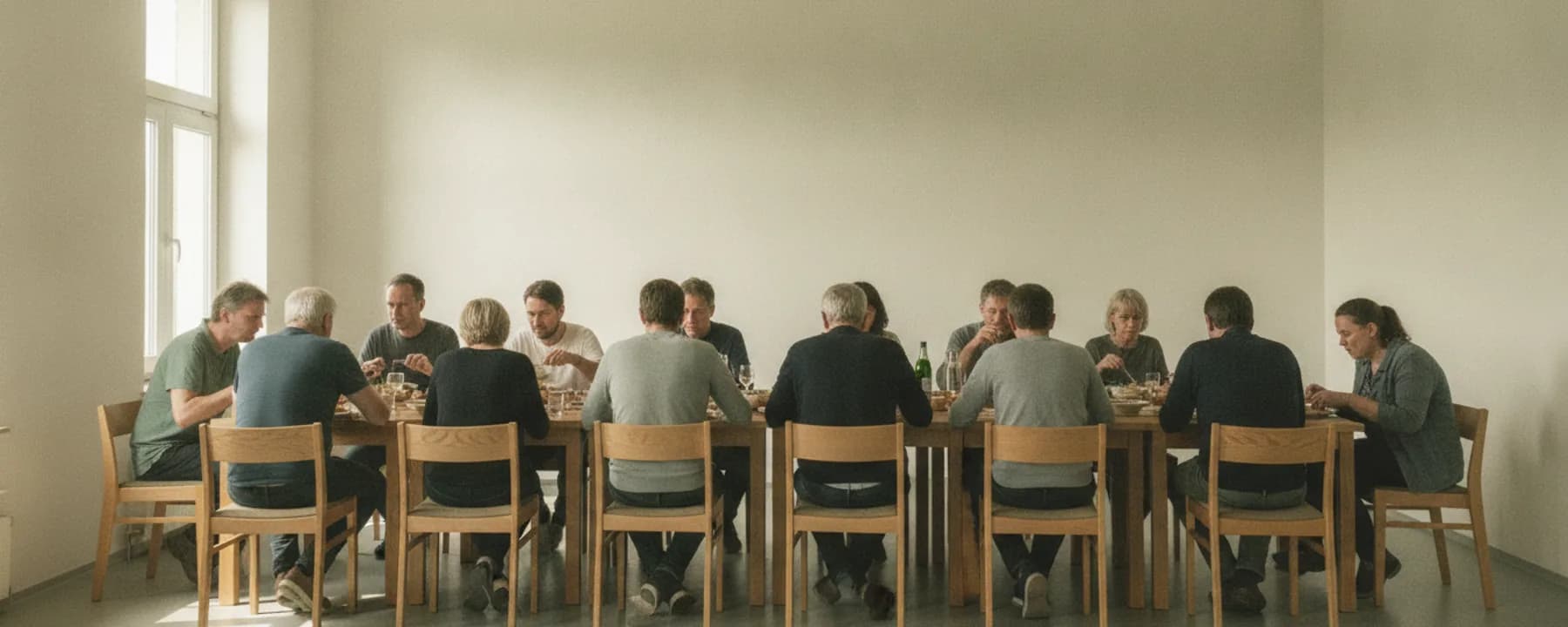 Gemeinsames Essen an einer langen Tafel im warmen Abendlicht