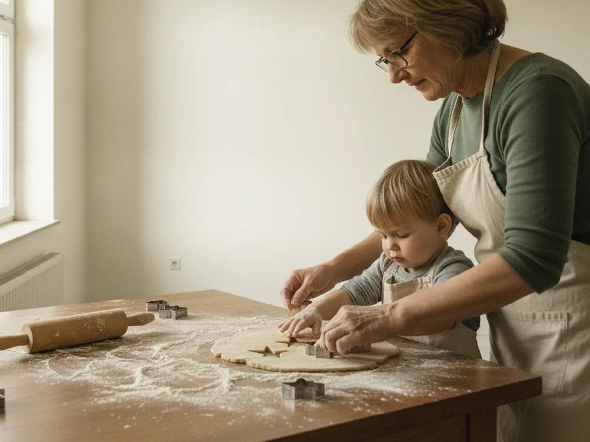 Grossmutter und Kind backen gemeinsam in der Küche