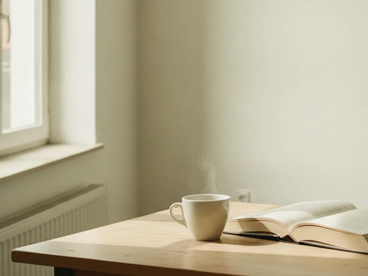 Kaffeetasse neben einem aufgeschlagenen Buch auf Holztisch
