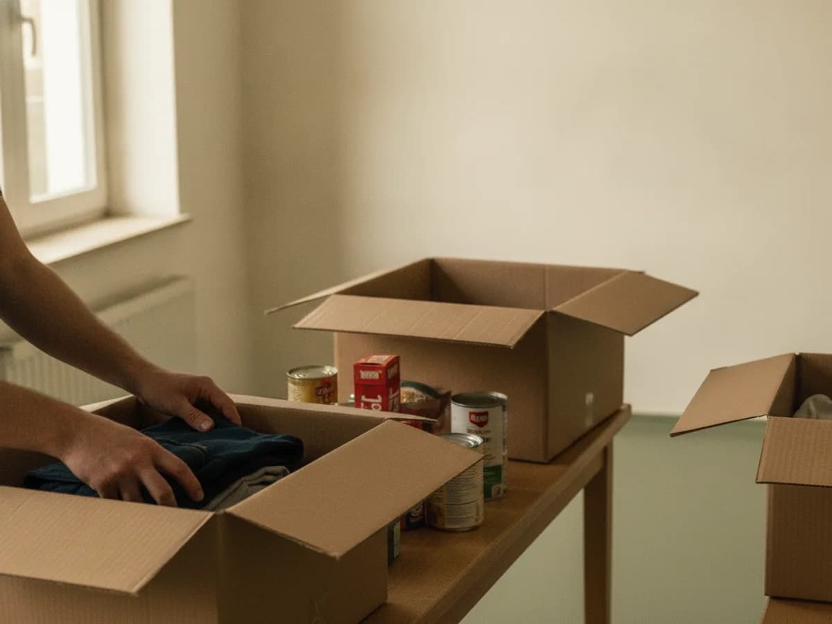 Freiwillige packen Spendenkisten mit Lebensmitteln und Kleidung