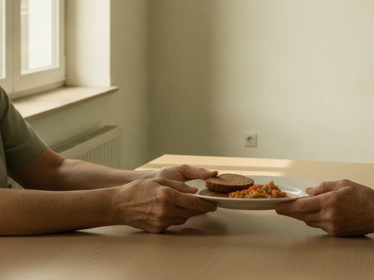 Hände reichen einen Teller am gemeinsamen Tisch weiter